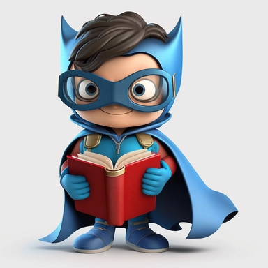 full body happy, smiley and cute little superhero boy with eye mask and cape, looking directly at the camera, with a book in his hand, in clipart style