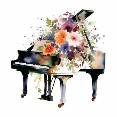 watercolor floral grand piano clipart, white background
