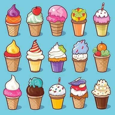 Craft a collection of eye-catching clipart images showcasing delicious ice cream delights in a playful and colorful style. Use a mix of bold and vibrant colors to bring out the sweetness and joy associated with ice cream. Include detailed illustrations of cones, sundaes, and an inviting ice cream truck. The clipart should exude a lively atmosphere, drawing inspiration from retro and pop art aesthetics to create a sense of nostalgia and fun.