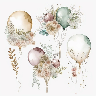 bridal balloons with flower boutique watercolor clipart, neutral colours, on white background, 8k