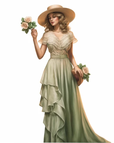 detailed beautiful lady standing up with vintage hat with sage roses dressed in a vintage dress, hyper realistic, 8k, isolated on white backgorund, clipart