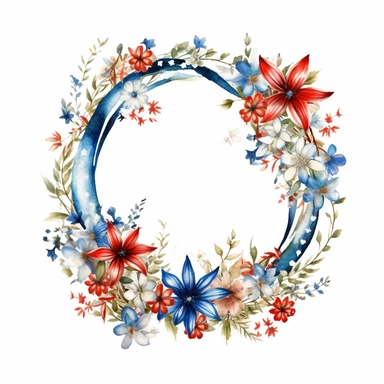 A watercolor clip-art showcasing a decorative wreath with red, white, and blue flowers, surrounded by stars and ribbons on a white background. The delicate brushwork and intricate details make it an elegant and festive choice for 4th of July designs.