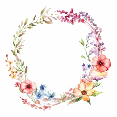 watercolor clipart of a empty suttle dainty floral circle frame surrounded by summer flowers. Capture the essence of blooming beauty and intricate details in your artwork, white background