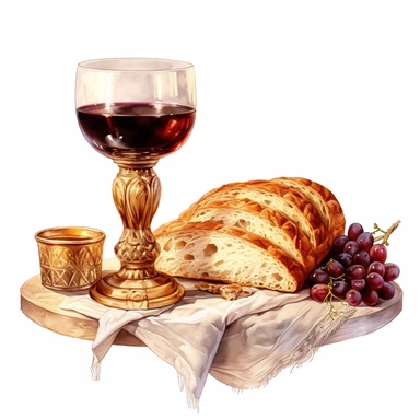Bread and Wine (Communion) watercolour in the style of digital airbrushing, realistic yet stylized, digitally enhanced, elaborate costumes, 32k uhd, clipart, white background