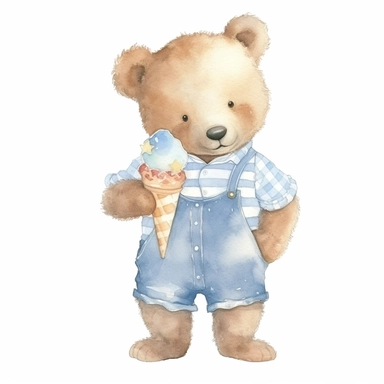 watercolor teddy bear boy with ice cream , blue shirt, clipart, white background, cute dreamy, soft subtle colors , by beatrix potter