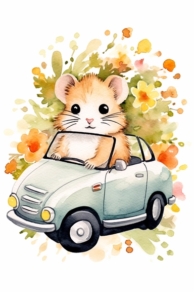 Create a watercolor clipart picture of a hamster driving a car, white background. The hamster should have a cute and happy expression, with its fur depicted in soft watercolor textures. Surround the hamster with small flowers and greenery, adding a whimsical touch to the scene.