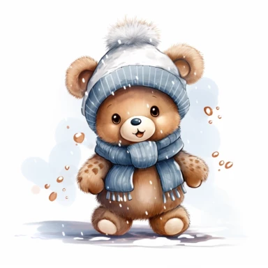 basic paper drawing by a kid of a cute baby bear playing with snow, wearing a winter cap. the drawing have color and small detail,clipart, hd, on white background