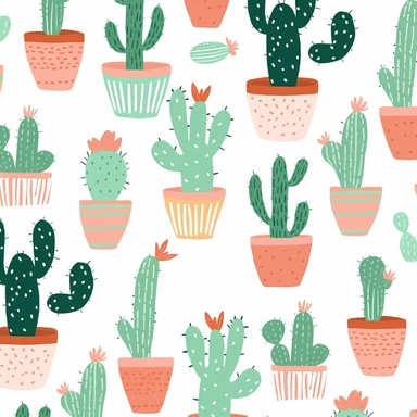 Immerse yourself in a delightful world of cuteness with a charming cactus pattern rendered in an adorable cartoon style, reminiscent of whimsical clip art. Picture an array of lovable cacti, each showcasing its unique personality through playful expressions and endearing features. The pattern should be filled with a vibrant array of complementary cold colors, evoking a sense of tranquility and freshness. Against an Abbey White background, the cacti will stand out, radiating their charm. Maintain