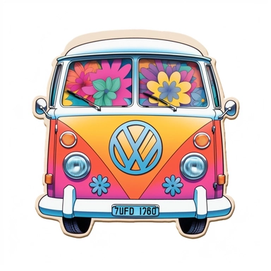 clipart of the front of a VW van from 1975, white background, groovy style, pink, orange, aqua, peace stickers in the front