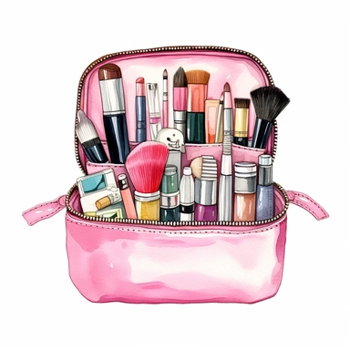 Travel Watercolor Clipart, small cosmetic bag, 19 Pink girly, single object, isolated on white background, highly detailed, hand painted watercolor illustration by Cath Kidston, Emma Bridgewater, white background for removing background - - no text shadow font watermark