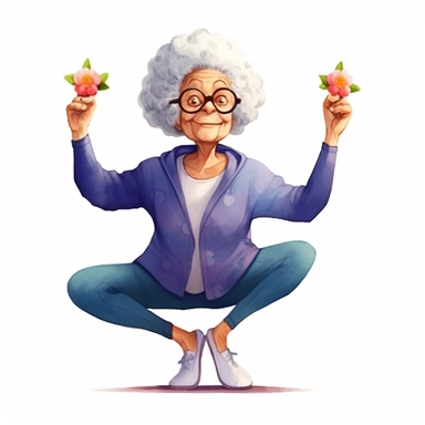 Cute Beautiful Funny grandmother practicing yoga Watercolor Sublimation Clipart,Cartoon, hyper realistic, intricate detail, illustration style,high solution,on the white background