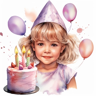 watercolor of a birthday small girl isolated on a white background, detailed ,realistic ,rtx on,textural richness,colorful imagery,digital illustration, clipart,