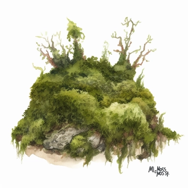 Design a captivating clip art image of moss in a watercolor style with a white background. The moss should evoke a sense of enchantment and tranquility. Focus on the lush green carpet of moss, depicting its delicate texture and intricacies. Use shades of green, ranging from vibrant to muted tones, to create depth and realism. Pay attention to the tiny details of individual moss strands and the velvety appearance of the moss patches. Consider adding elements like small stones or a gentle tricklin