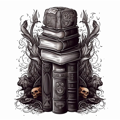 Create an impressive clipart of a clean, dark wizard's book stack on a pure white background. The design should incorporate elements of the gothic and fantasy genres, with dark hues and ornate designs on the books' spines. The lighting should be moody and shadowy, with a focus on the intricate details of the books' covers. The book stack should be perfectly symmetrical to create a sense of order and balance. Use a macro lens to capture the intricate details of the books' designs and play with th