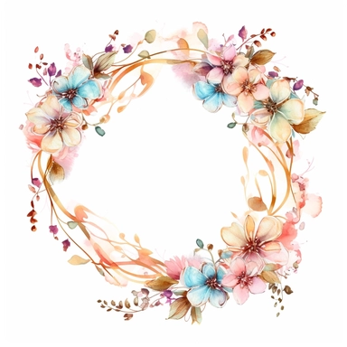 clipart, isolated on white background, Watercolor spring floral gold wreath, detailed, ornated, pastel colors