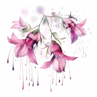 Whimsical watercolor illustration of pink flowers dancing in the wind, cascading from a vertical frame, conveying a sense of movement, freedom, and natural grace clipart on a clean white backdrop.