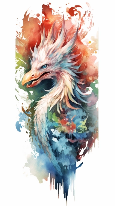 Bird-Body Chinese Dragon-Head Deity,Summit of the Skies,Chinese style,watercolor clipart, high quality,high detail,32K