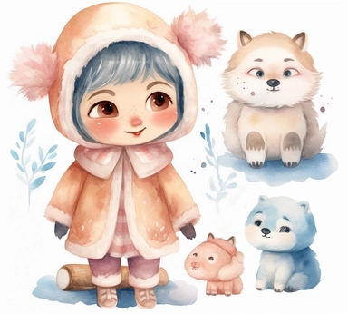 cute adorable little Eskimo princess character watercolor clipart, full body, disney, pixar