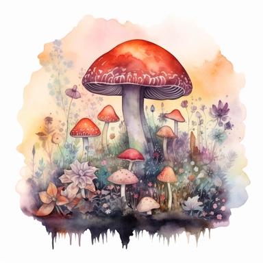 In this watercolor illustration, a mystical mushroom takes center stage, painted with vibrant hues and surrounded by delicate flowers and lush plants. The clipart design captures a magical scene, where fairies flit about in the air, their ethereal forms highlighted against a watercolor backdrop. The white background provides a stark contrast to the dominant red and black color scheme, enhancing the enchanting atmosphere of the artwork. The intricate details of the flora and the playful presence 