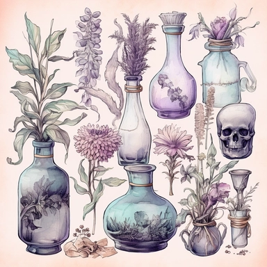 Pastel spooky witches herbs and botanicals clipart image, in the style of mystic mechanisms, subtle pastel tones, pencil art illustrations, soft pastel tones, reimagined by industrial light and magic, litho printing, illusory images, watercolor clipart