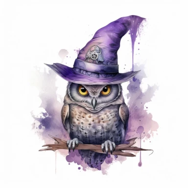 witch owl wearing a witch hat , in the style of mystic mechanisms ,pencil art illustrations, Isolated white background, reimagined by industrial light and magic, lith printing, illusory images, watercolor clipart, very subtle purple tones, , ,