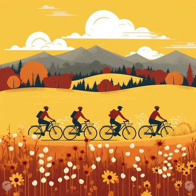group on modern bicycles trip, in the fields, mountain on horizont, clipart, simple drawing, funny