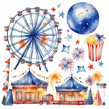 watercolor clipart set fireworks, carousel, blue ribbon, star, lemonade, white background, photo realistic