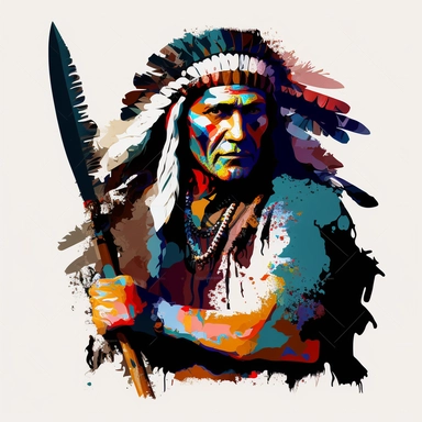 apache leader with an axe, clipart illustration, dark vivid colours, clean, crisp, smooth, with white background