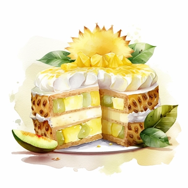 Watercolor clipart of Durian Mousse Cake, Layer Durian mousse between sponge cake layers and top with fresh whipped cream and Durian pieces for a light and airy dessert that's perfect for hot summer day, intricate details, vector, hyperrealistic, white background, no splashes, no text, no watermark