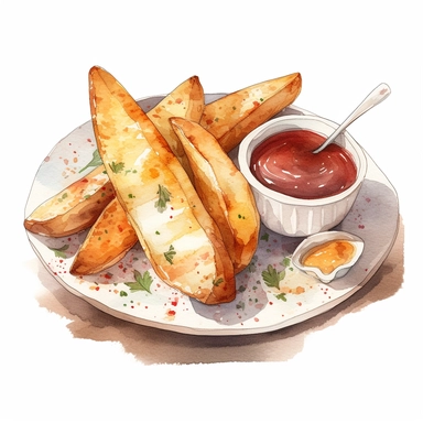 Watercolor detailed illustration ofPotato wedges served with dipping sauce on a plate, clipart, white background