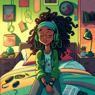 disney pixar,Cheerful, vibrant cartoon illustration of a confident black teen with natural long locs hair, wearing stylish clothing and accessories and headphones, hanging upsidedown on a bed, spritual sage green bedroom. filled with lots of good energy, against a colorful backdrop, high-quality, clipart, joyful, empowering, positive vibes