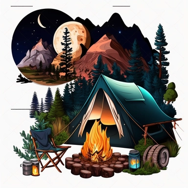 Camping by Night Clipart, Hiking family, Camping Bundle PNG, Moon light, Fireplace, Tent, Campers, Forest, white background with margins + 2D