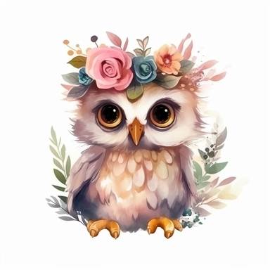 Cute baby owl, cute big eyes, colorful, floral crown, watercolor style, clipart, white background