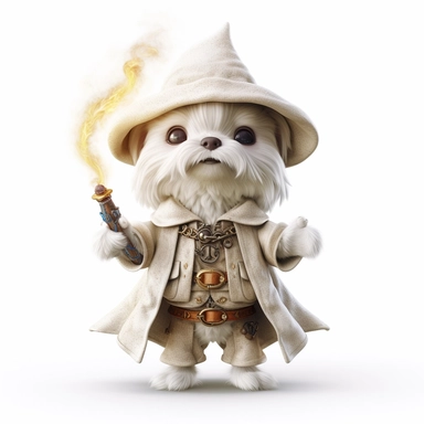 Adorable cute fantasy baby dog dressed like mage standing in dynamic pose,front view,fullbody,sharp through out,happy expression, nursery art, clipart image, lineart image, white background, very detailed, 8k, composition wide shot