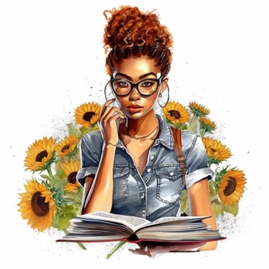 imagine black, African American young woman surrounded by books and sunflowers whilst reading intently, clipart, hyper realistic, watercolor style, white background