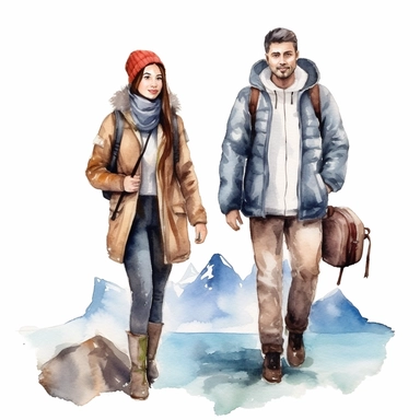 iceland, travel girl and man, watercolor clipart white background