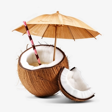 Coconut Drink clipart: A coconut with a straw and an umbrella, symbolizing tropical beverages and relaxation, white background