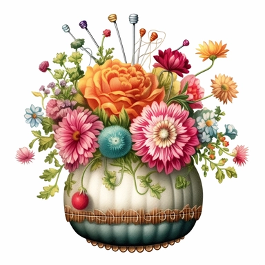 vintage sewing pin cushion with colorful flowers, illustration clipart, high detailed, white background, digital art, watercolor