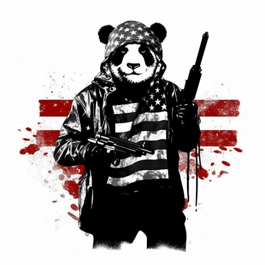 Panda dressed as a graffiti artist holding a gun black and white, silhouette of American flag background, minimalist clip art by Mr. Brainwash
