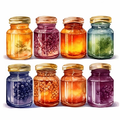 watercolor, A series of jars filled with different flavors of golden honey, such as lavender-infused or cinnamon-infused honey, each one displaying a unique color and flavor profile. (Digital drawing clipart, image black border color, full body, flat texture, transparent background)