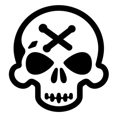 black and white silhouette of a cartoon skull and crossbone icon, clipart style, white background, thick lines, vector, simple design, flat colour, solid colour
