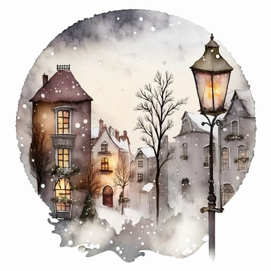 A Very very cute and Whimsical village in snow, Christmas, beautiful, street light, Christmas lights, Watercolored illustration in the style of Michael Powell, clipart, white background - Q2