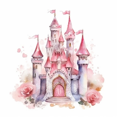 Princess castle clipart, watercolor princess pink fairy kingdom, white background