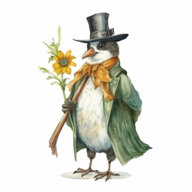 a Cute Happy Penguin in the style of Watercolor Kate Greenaway Clipart, White Background