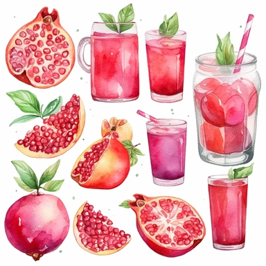 watercolor set summer clipart juice red pomegranate on a white background, in the style of illustrated advertisements, dark turquoise and light magenta, realistic portrait drawings, grocery art, instax film, creative commons attribution, storybook illustrations, no watermark, 300 DPI, typography, the images do not stick together, no text in the picture,