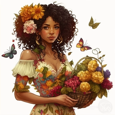 a gorgeous Indian woman, curly hair with ruffles, big basket with flowers in her hand, wool style, luxury, chain of flowers in the background, butterflies, dandelions, vibrant colors, dressed in several dresses, white background, clipart