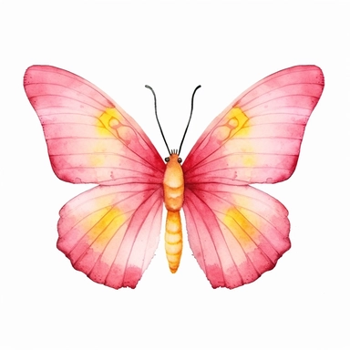 basic watercolor pink butterfly with yellow accent in minimal hand drawn style, Etsy, textured, clipart, white background