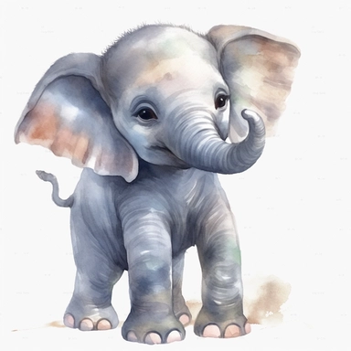 a baby female grey African elephant with a blue bow on head, stood sideways to the camera looking right, watercolour painting blank transparent background png clipart