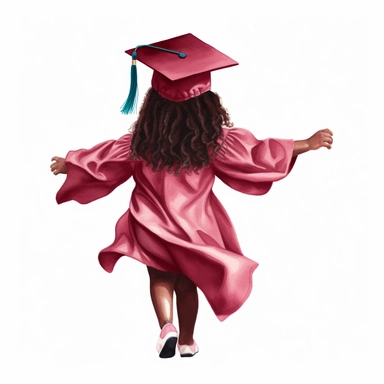 a black toddler girl graduate, with long braids, wearing a burgundy graduation cap and gown, 3k graduation, backview, dancing, faceless, bold watercolor clipart