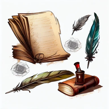 Old book, paper scroll and feather pen sketch, Watercolor clipart, details